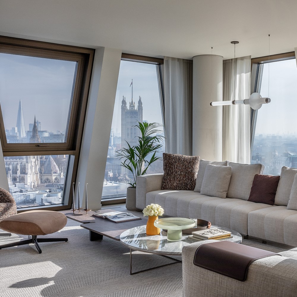 Northacre, The Broadway, Minotti Penthouse view of living room over looking Westminster