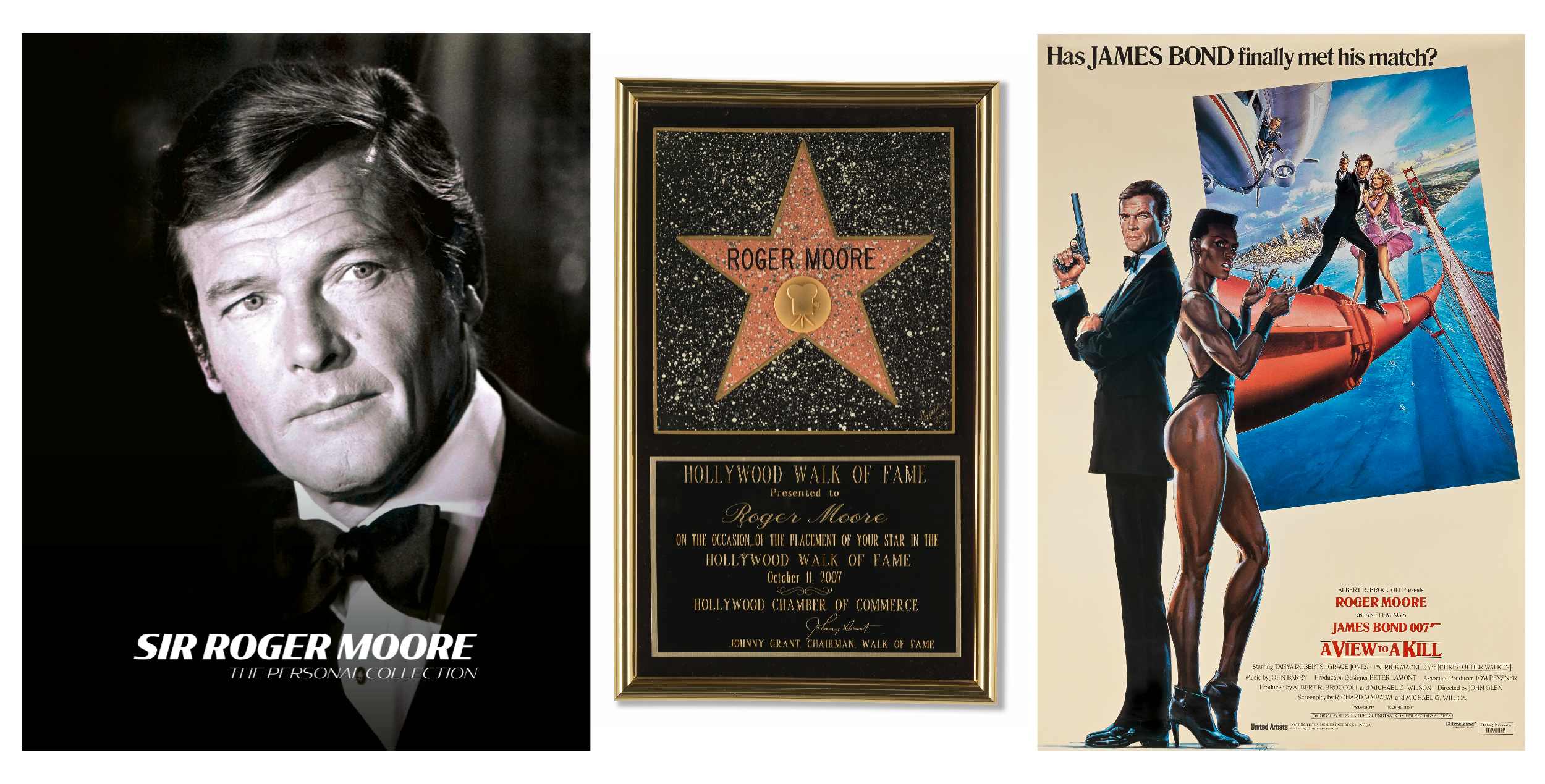 Image of Roger Moore as Bond and his walk of fame star and a poster of A view to a kill