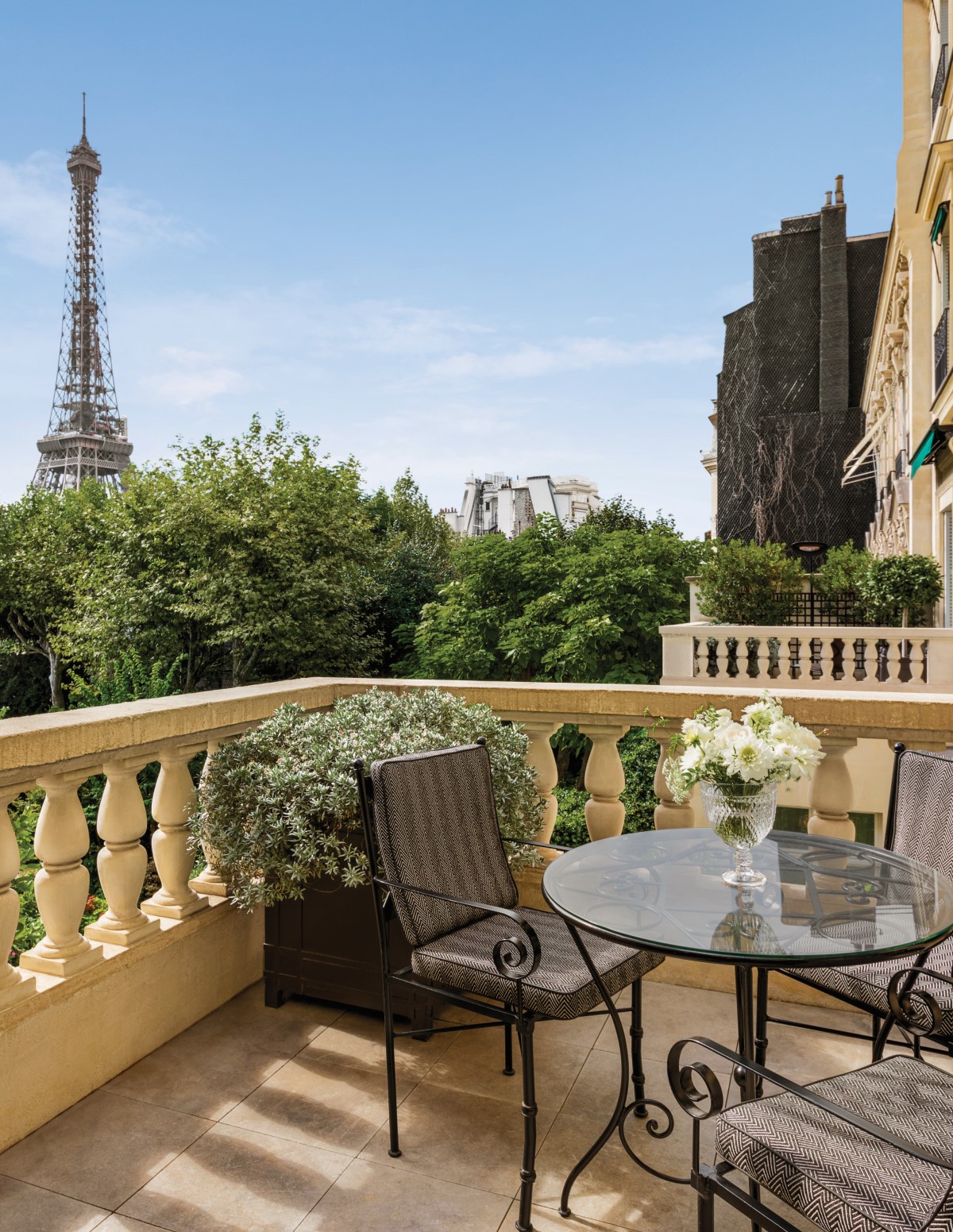 View from the Shangri La Paris terrace of the Eiffel Tower